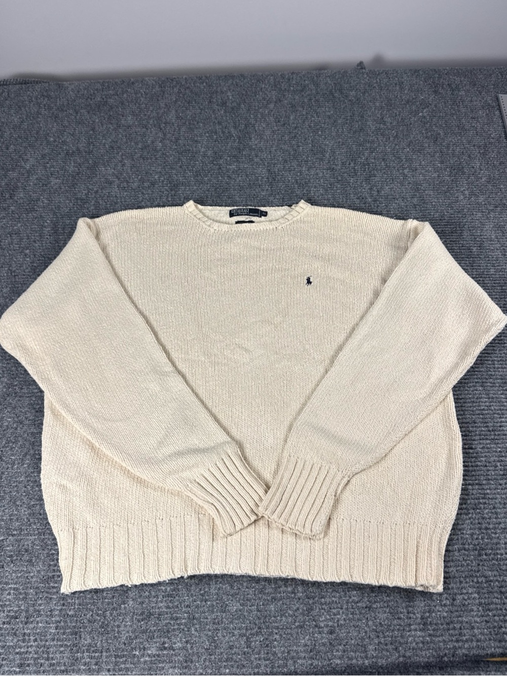 Vtg Polo Ralph Lauren Mens XL Cream Shaker Knit Cotton Crewneck Sweater Preppy